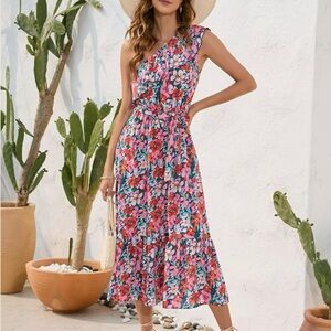 NWT Floral One-Shoulder Pink Midi Dress Size Large